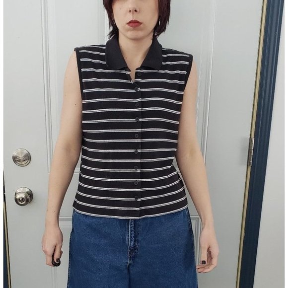 90s/Y2K Black and White Striped Sleevless Top‎ - Picture 1 of 4